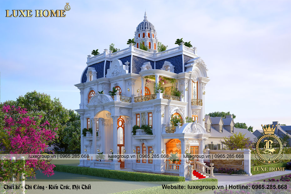 Phối cảnh 3D của mẫu thiết kế biệt thự tân cổ điển 3 tầng Pháp 