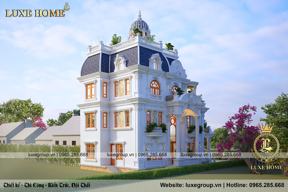 Phối cảnh 3D của mẫu thiết kế biệt thự tân cổ điển 3 tầng Pháp 