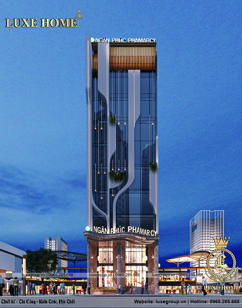 Tổng quan mẫu thiết kế tòa văn phòng kết hợp khách sạn 6 tầng tại Long Xuyên